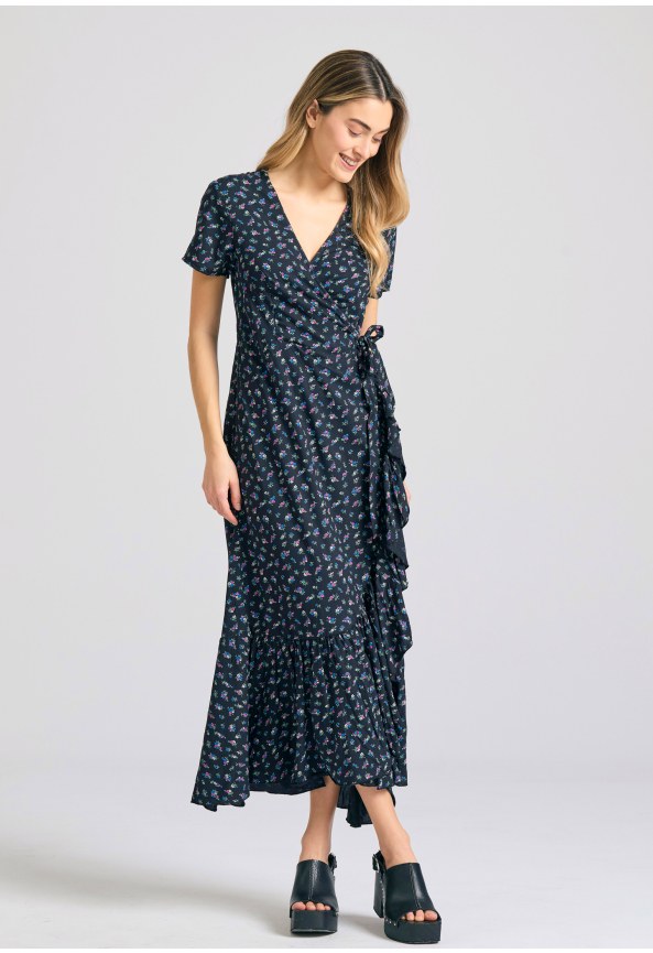 Μίντι εμπριμέ κρουαζέ φόρεμα με βολάν