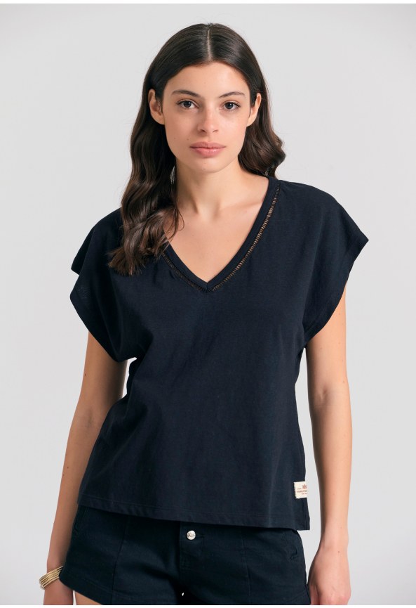 Γυναικείο linen blend μονόχρωμο t-shirt