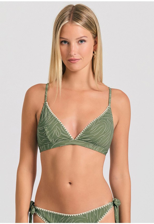 Bikini top with all over print and decorative stitching