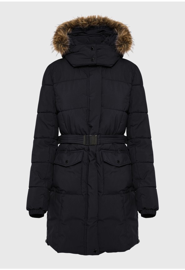 Women's long puffer jacket with belt and faux fur hood