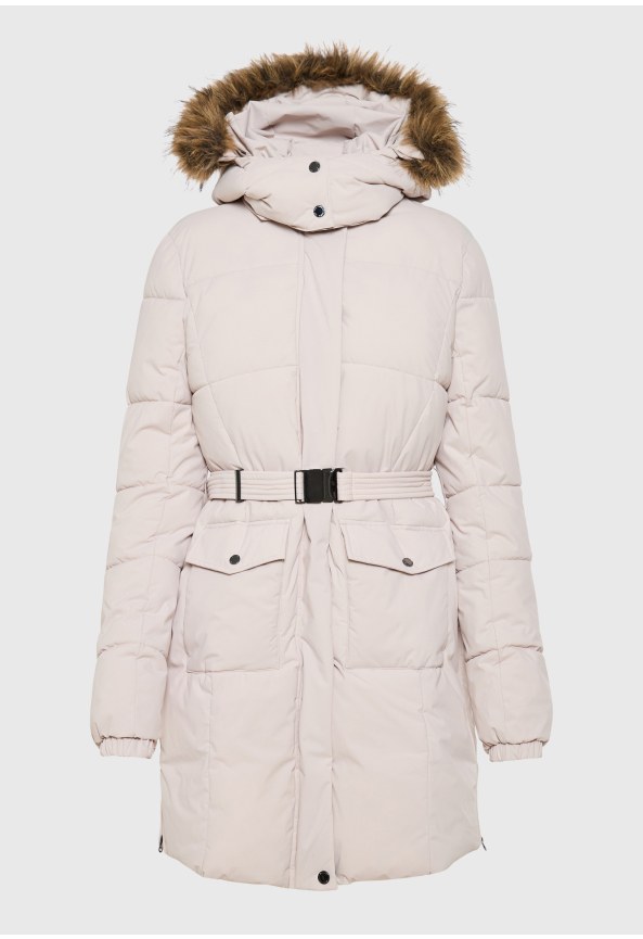 Women's long puffer jacket with belt and faux fur hood