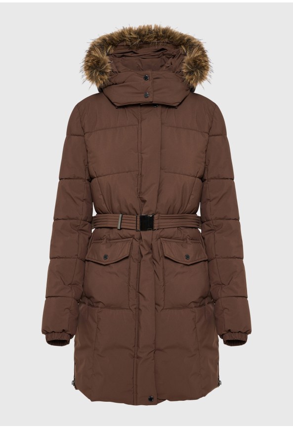 Women's long puffer jacket with belt and faux fur hood