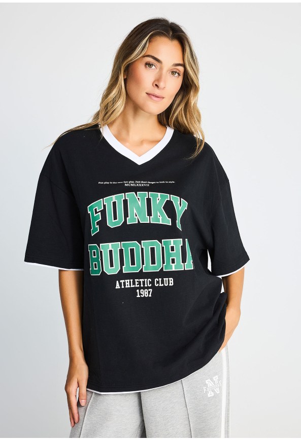 Women's ringer V-neck short sleeve t-shirt with athletic print
