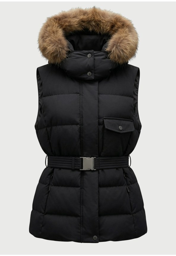 Women's sleeveless jacket with belt and removable fur trim