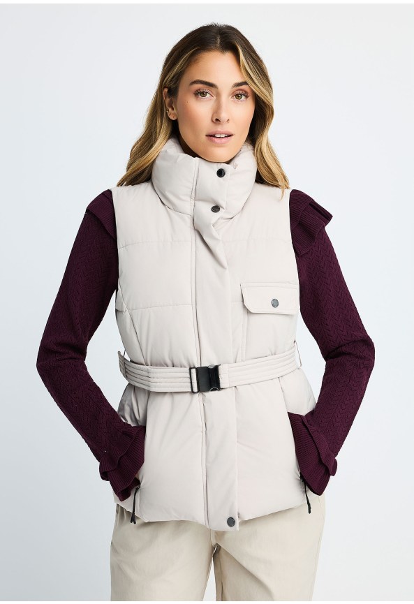 Women's sleeveless jacket with belt and removable fur trim