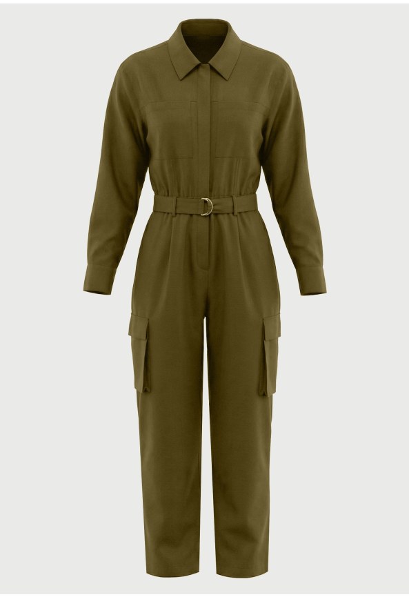 Women's lyocell utility jumpsuit with belt and cargo pockets