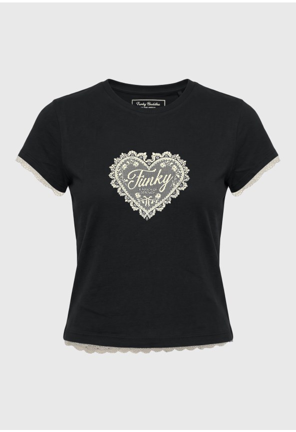 Women's printed t-shirt with lace trim
