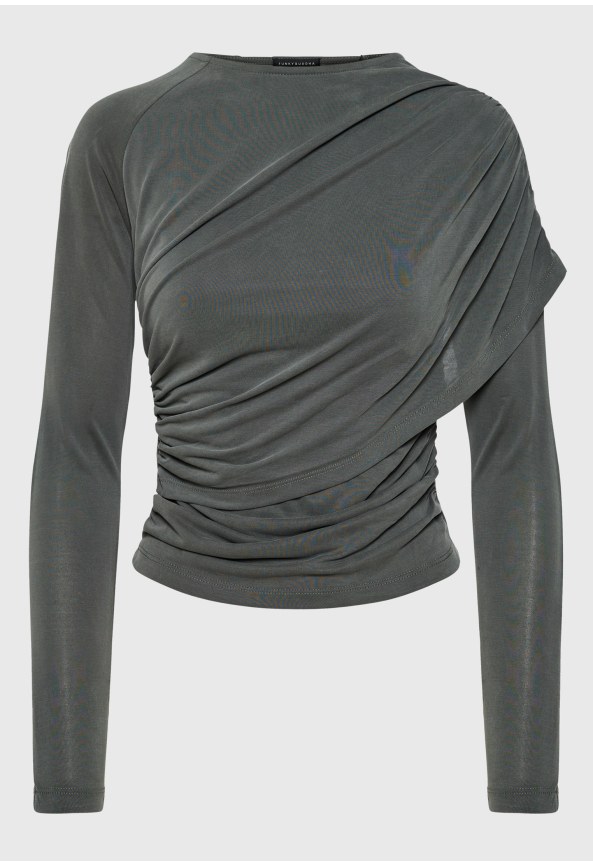 Top with ruching and asymmetric draped detail
