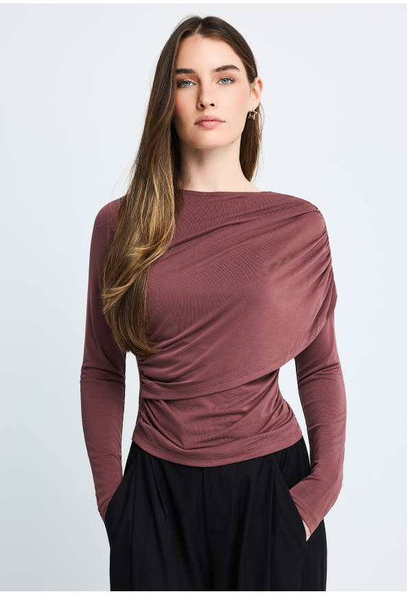 Top with ruching and asymmetric draped detail