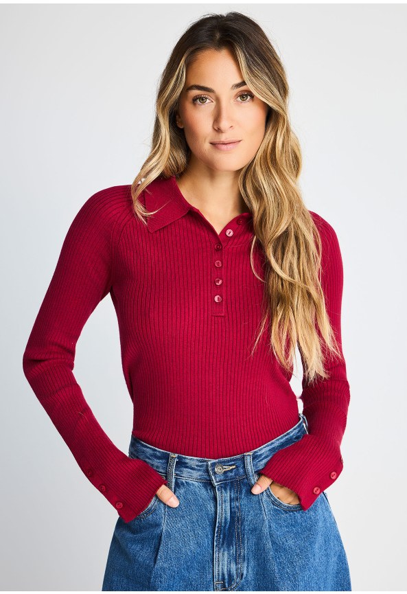 Women's slim fit ribbed polo knit