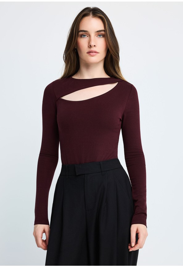 Long-sleeve ribbed bodysuit with a cut-out neckline