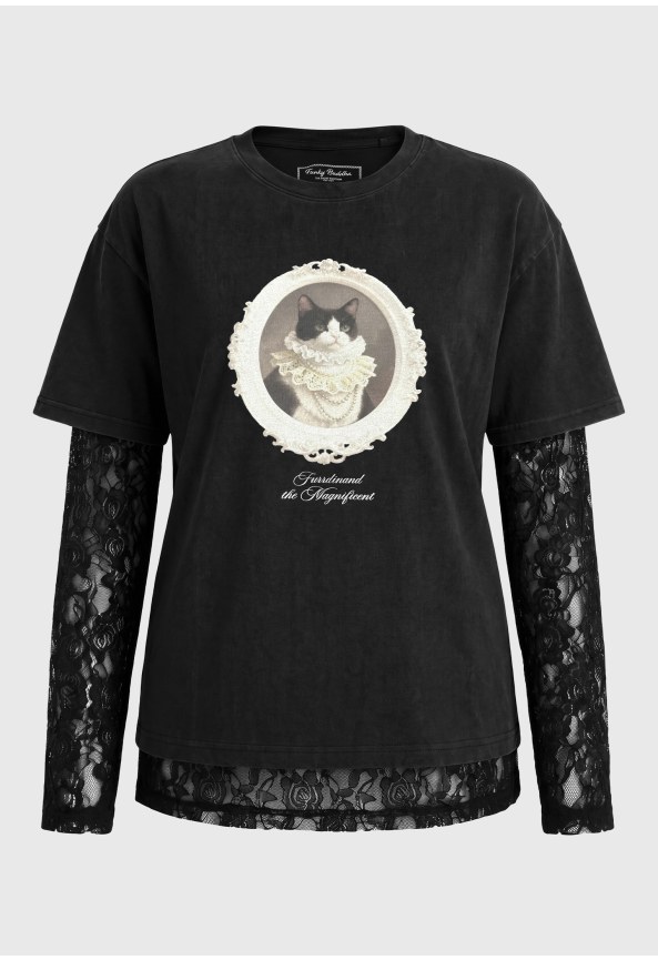 Acid wash t-shirt with print and lace sleeves