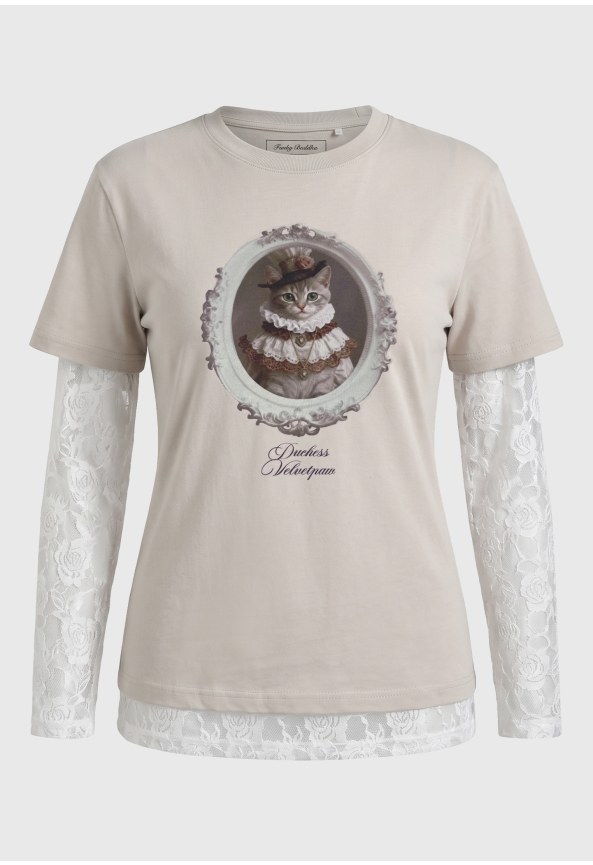 Acid wash t-shirt with print and lace sleeves