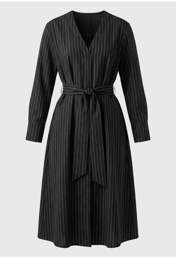 Longsleeve pinstripe relaxed midi dress with tie waist