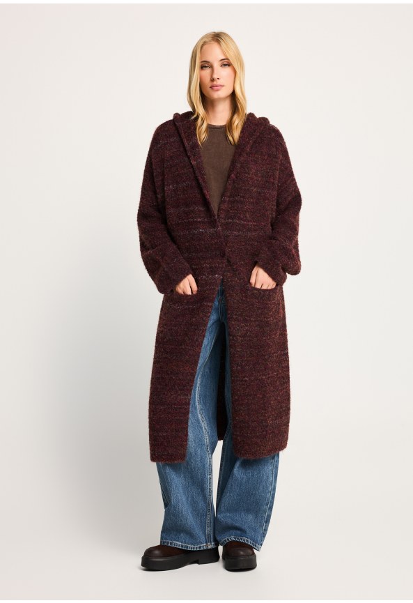 Loose fit long hooded bouclé cardigan
