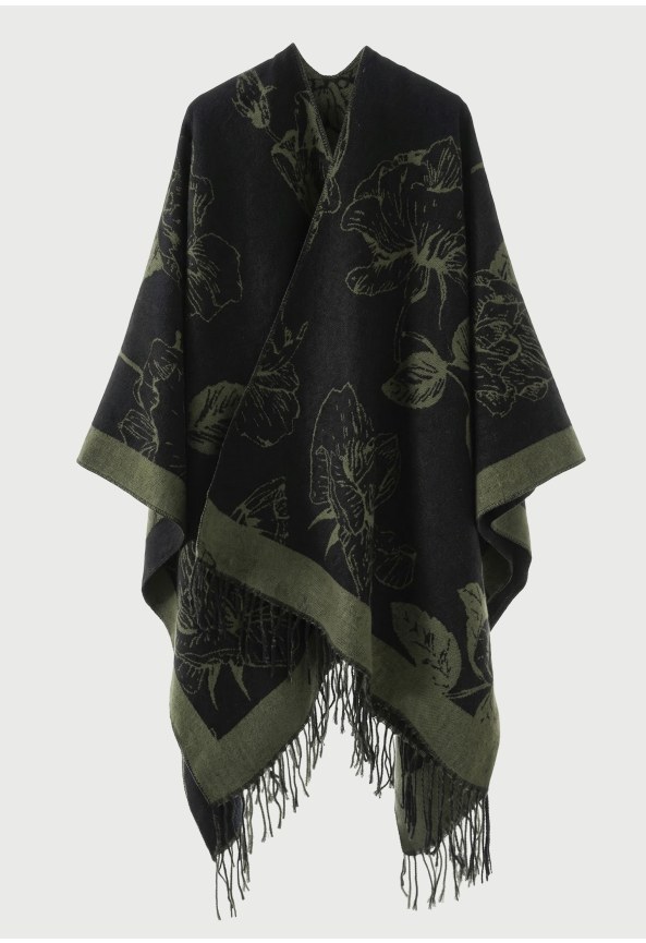 Floral pattern cape poncho with fringe trim