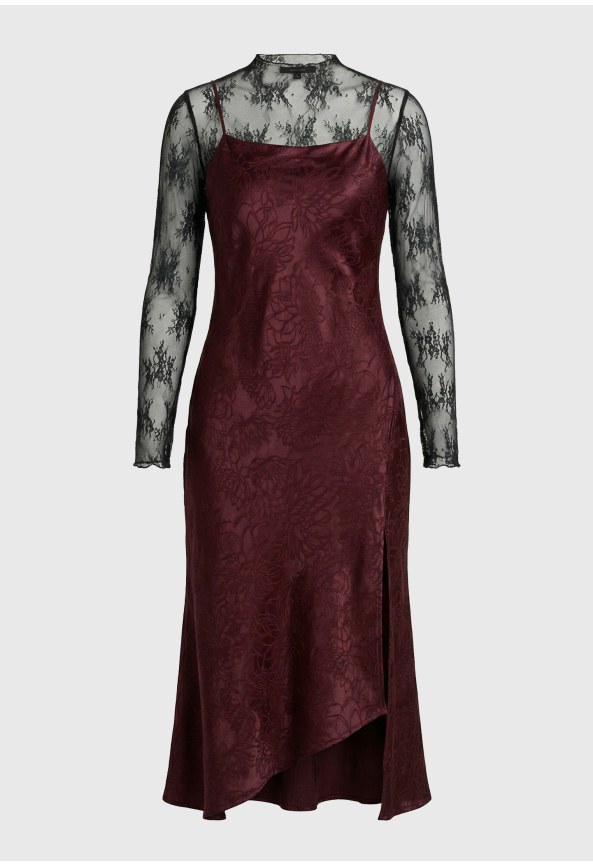 Women's satin midi dress with lace overlay