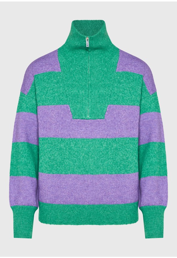 Women's striped knit sweater with half-zip collar