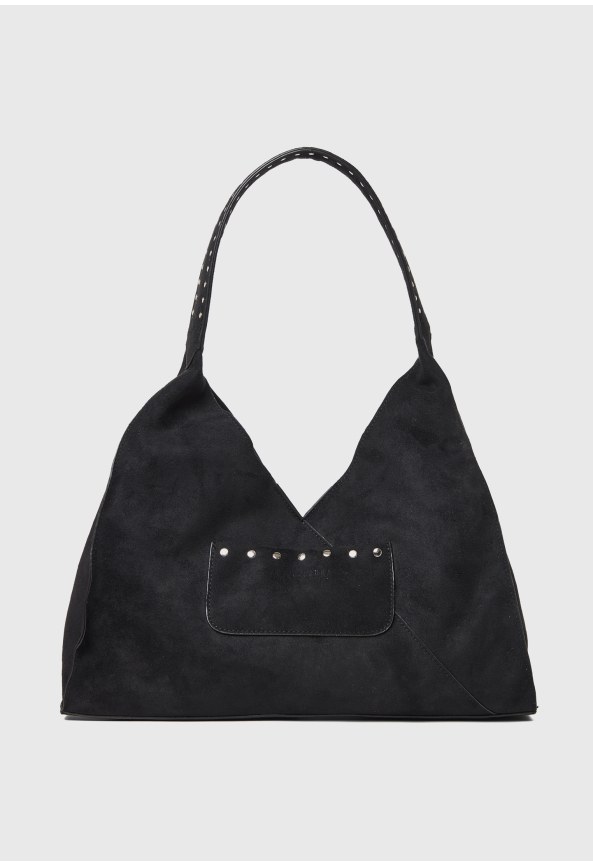 Black faux suede shoulder bag with metal studs