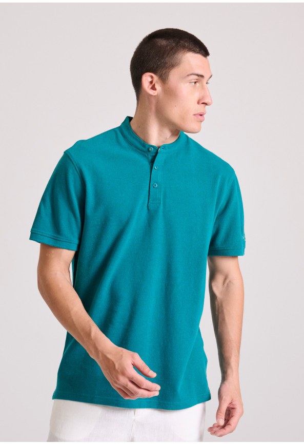 Μπλούζα polo σε μελανζέ ύφασμα με λαιμό mao