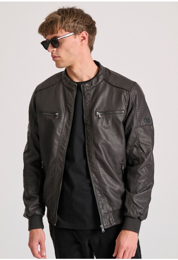 Eco leather (PU) biker jacket with hood