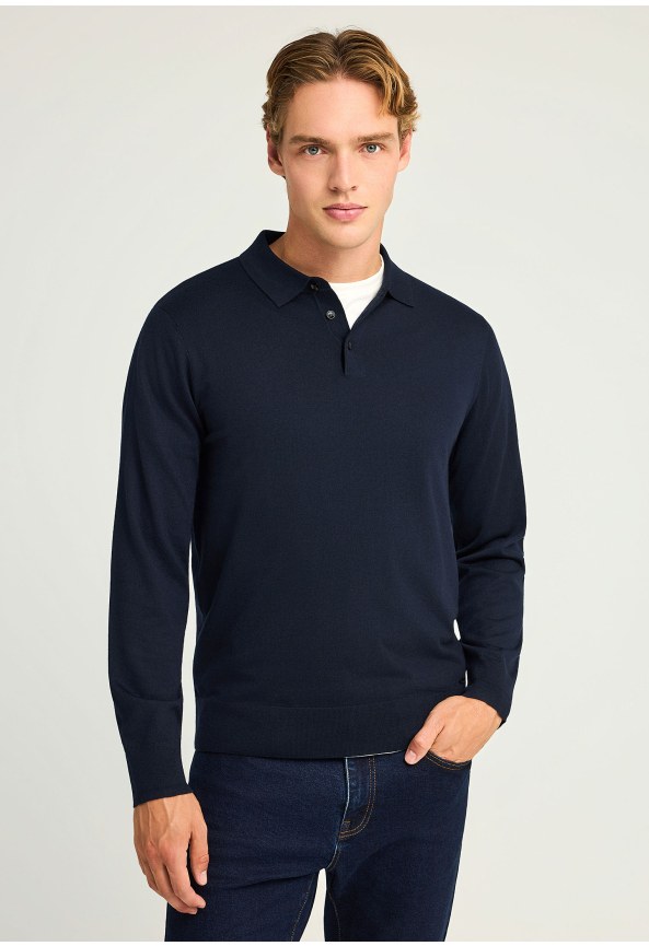 Long-sleeve polo shirt in knitted fabric
