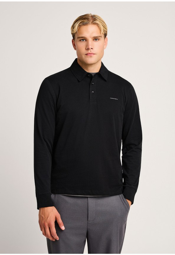 Men's long-sleeve peached jersey polo shirt