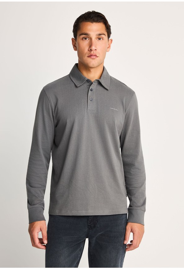 Men's long-sleeve peached jersey polo shirt