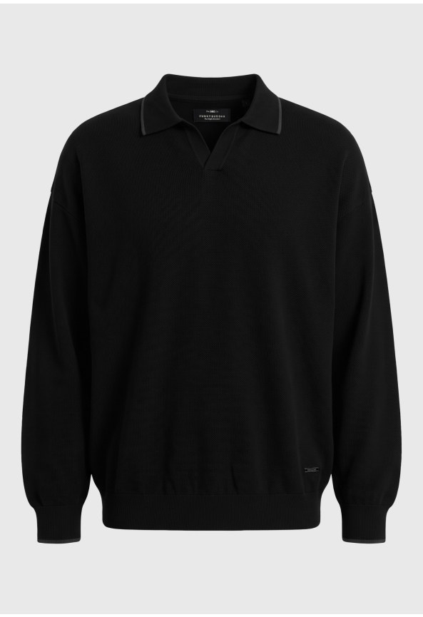 Men's open-collar cotton knit polo sweater