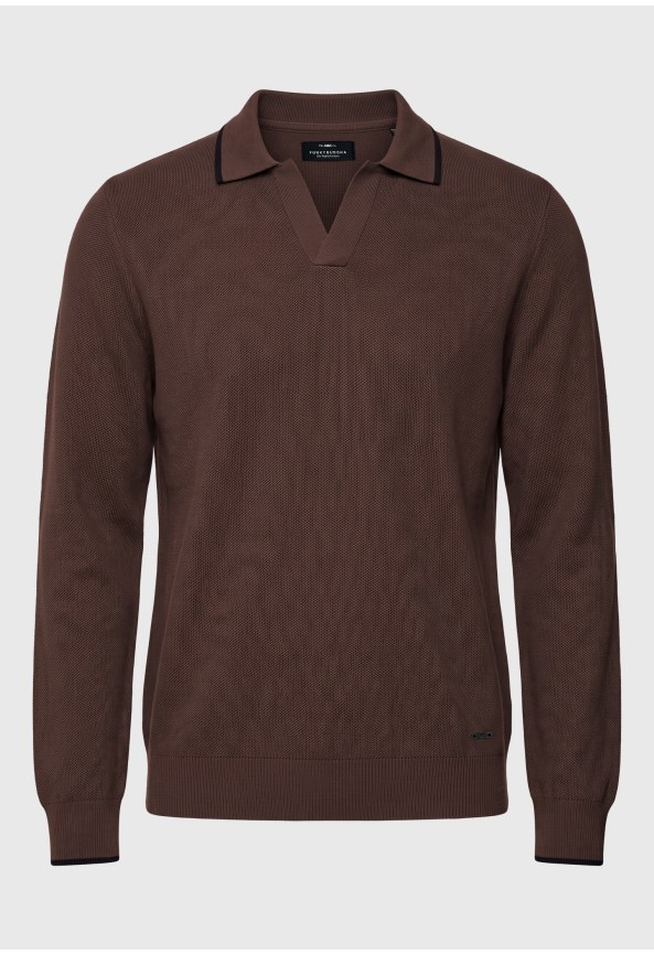 Men's open-collar cotton knit polo sweater
