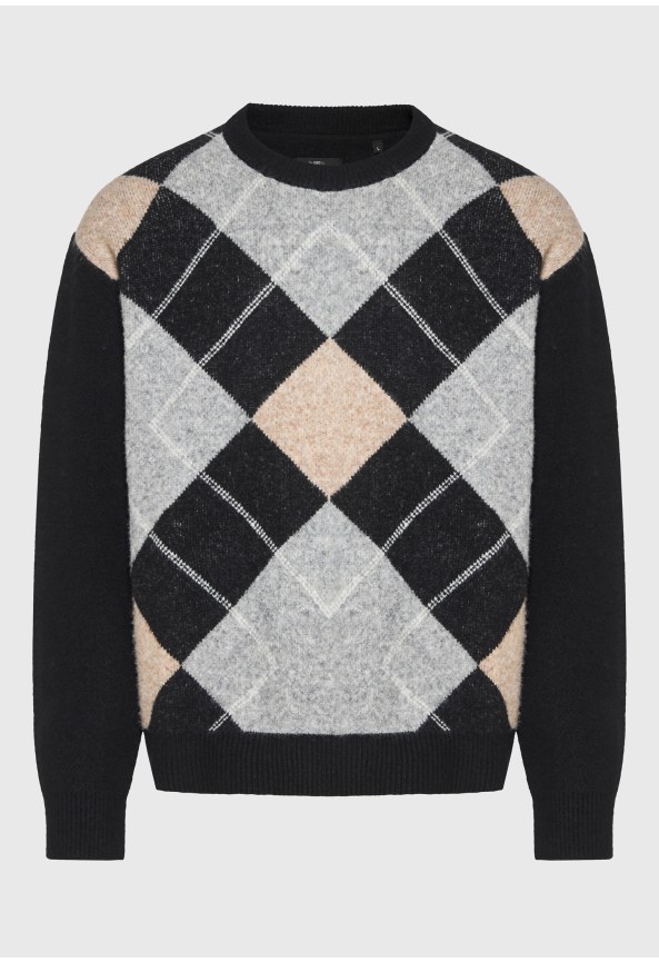 Oversized πουλόβερ argyle με μάλλινη πλέξη