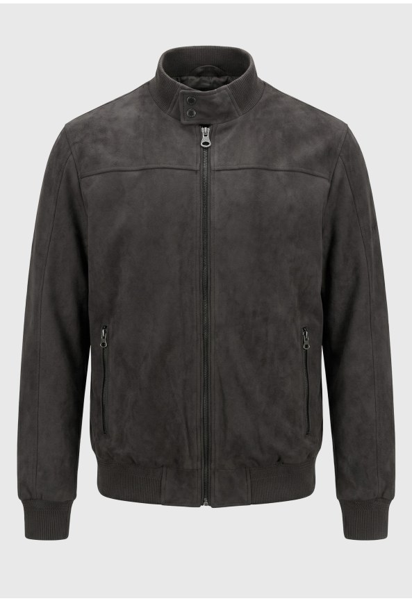 Faux suede bomber jacket with plaid quilted lining