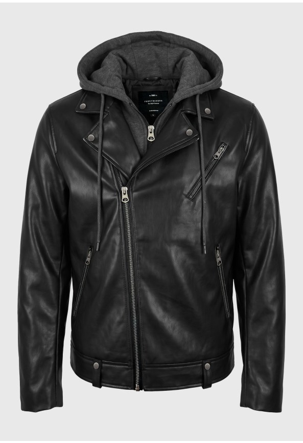 Men's faux leather biker jacket with sweatshirt hood