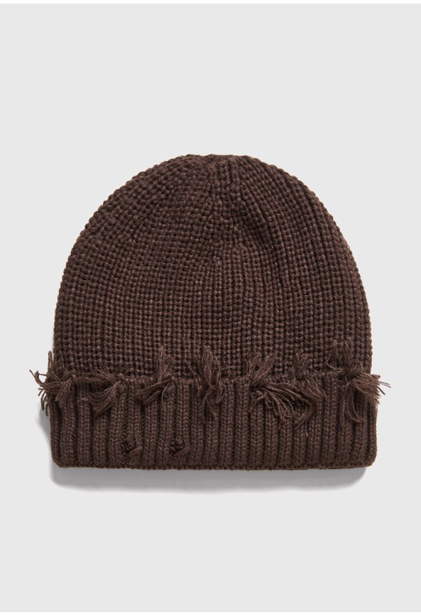 Men's distressed beanie hat with frayed edge detail
