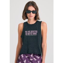 Women's garment dyed tank top with text artwork print