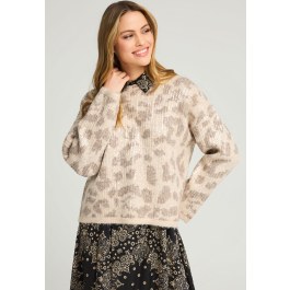 Knitted sequinned pullover with animal print