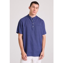 Relaxed fit linen blend short-sleeve shirt with mao neck