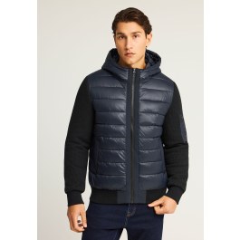 Ανδρικό puffer μπουφάν με κουκούλα και πλεκτά μανίκια
